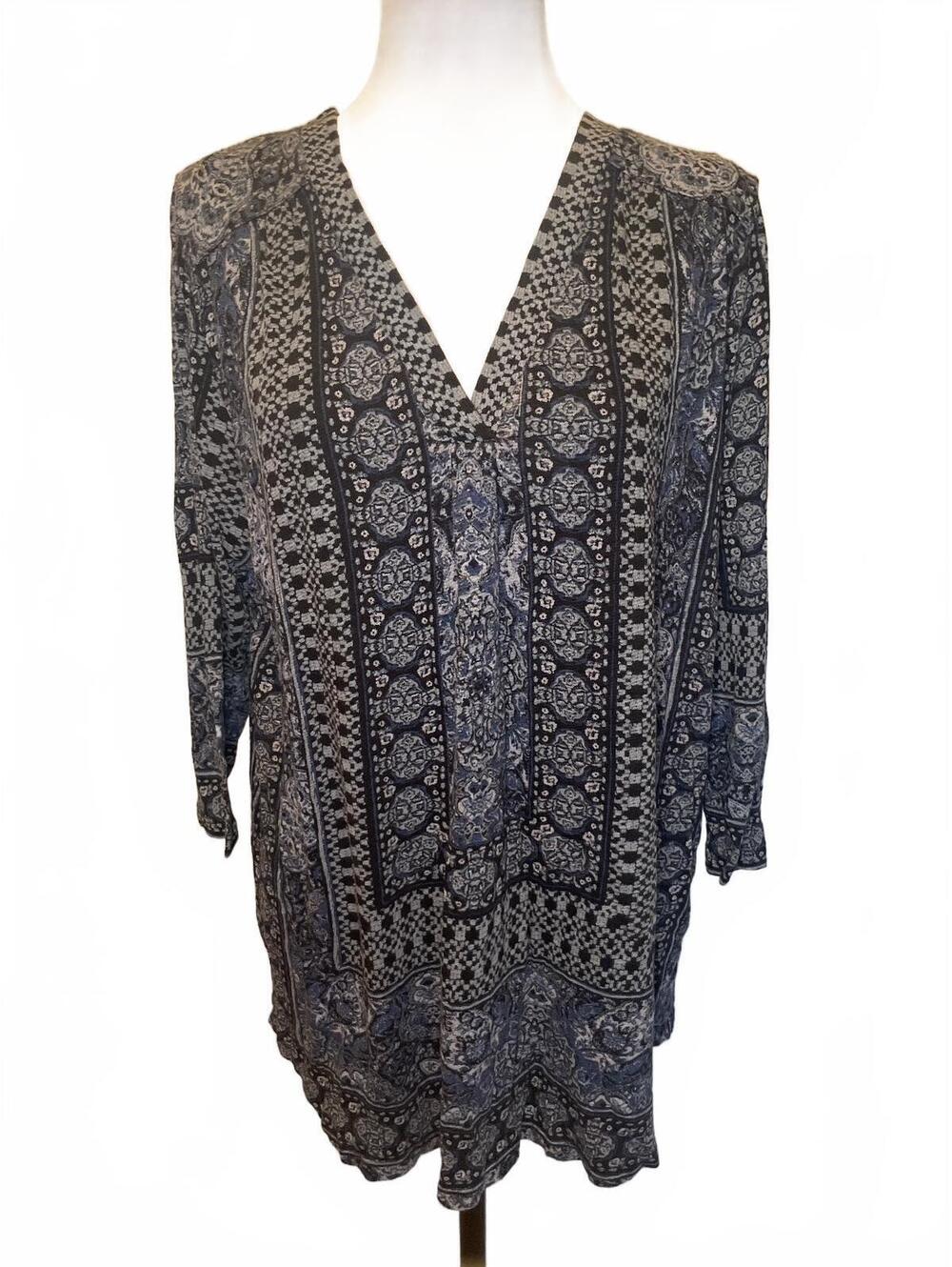 Lucky Brand Black Blue Gray Paisley Tunic Blouse 1X Boho V Neck Long Sleeve
